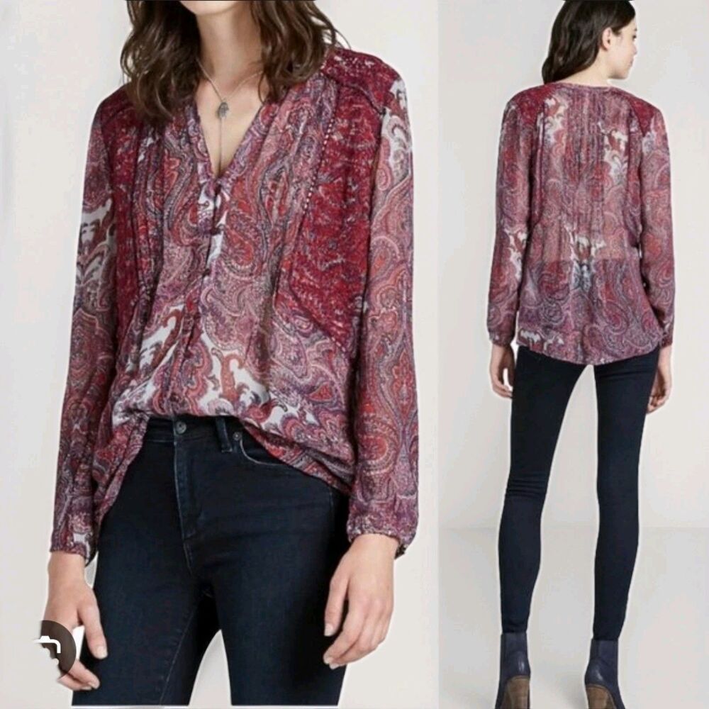 Lucky Brand Paisley Pintuck Blouse Red Gray Hi-Lo Tunic Top Long Sleeve Size XS